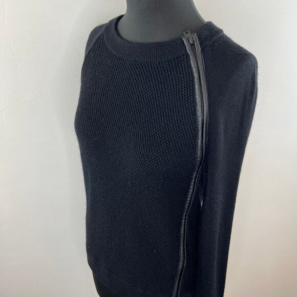 VINCE Black Wool & Leather Waffle Knit Crewneck Front Zip Pullover Sweater XS - Picture 3 of 6